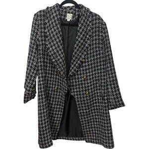 Blue Rain Tweed Houndstooth‎ Classic Double Breasted Long Blazer Jacket